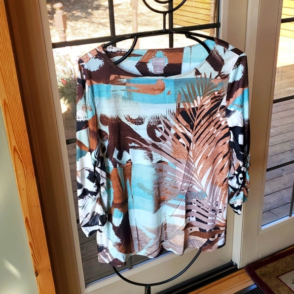 Chico's Knit Top Tribal Rushed SLV Top Pattern Multicolored Sz. 2P Top - Picture 1 of 11